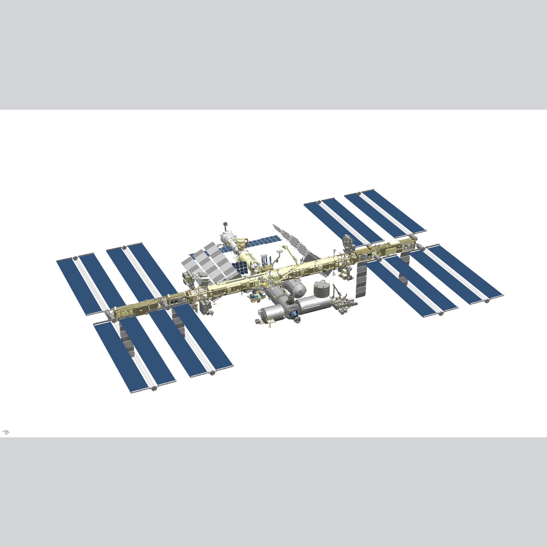 国際宇宙ステーション(ISS)の金色の骨組みと青い太陽電池パネルが宇宙空間に浮かぶ様子